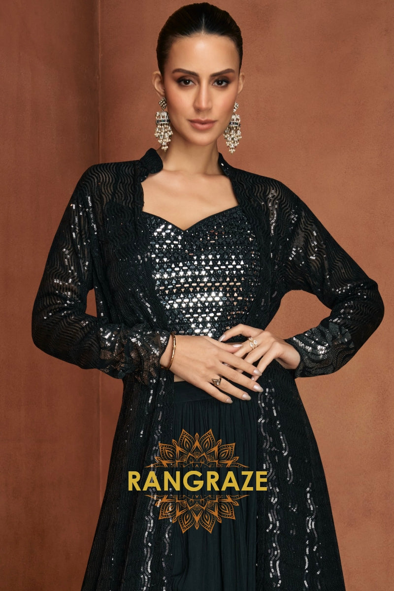 Black Premium Chinon Designer Anarkali Suit Set