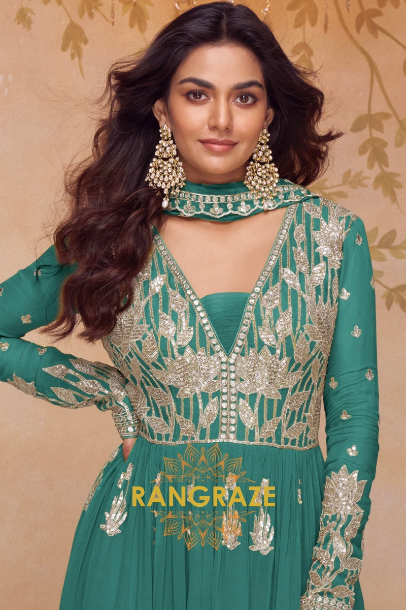 Emerald Green Premium Chinon Designer Anarkali Suit Set