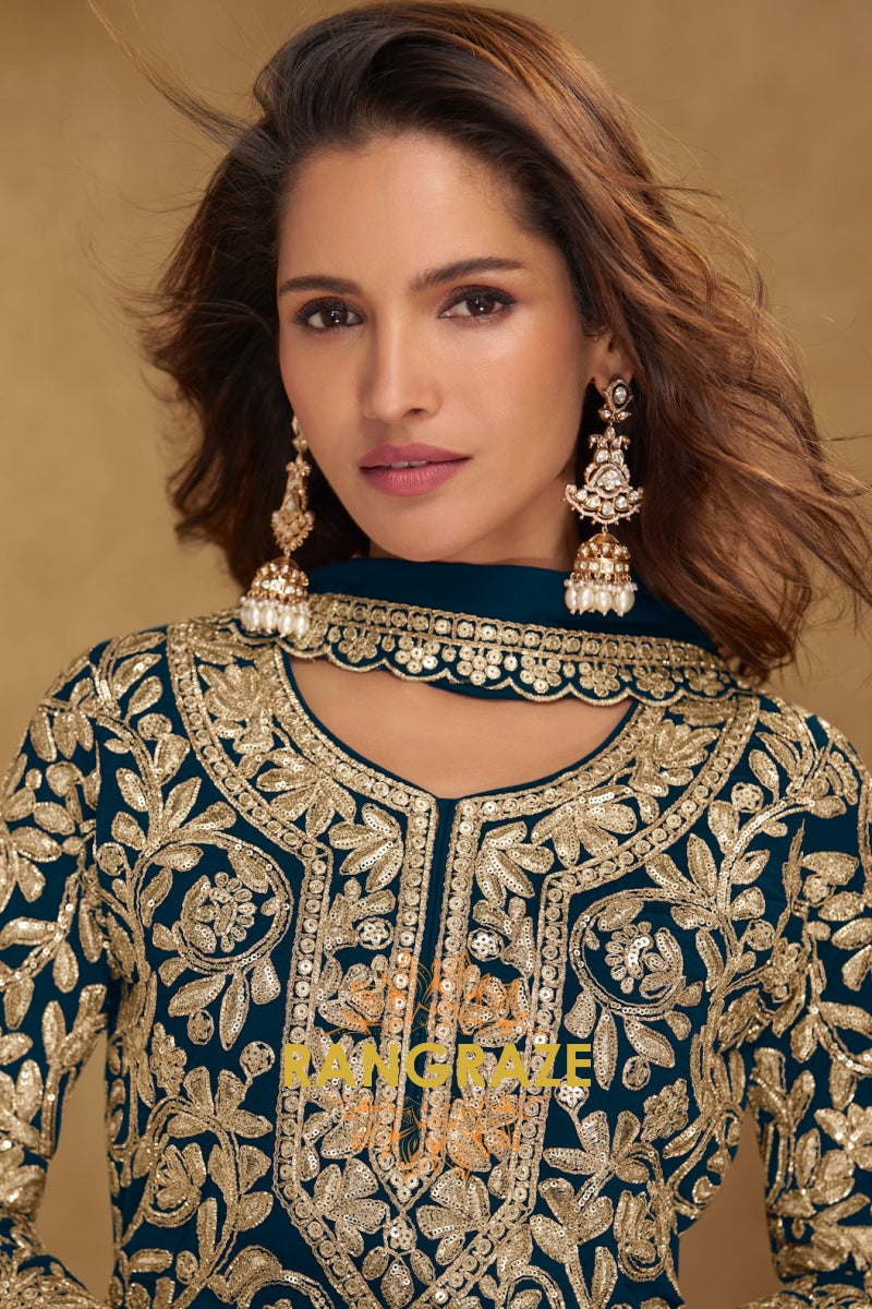 Teal Premium Georgette Designer Suit Set