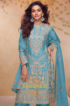 Aqua Blue Premium Chinon Designer Suit Set