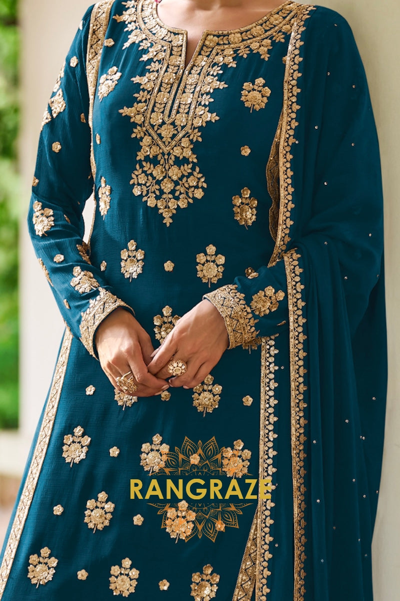 Teal Premium Chinon Designer Suit Set