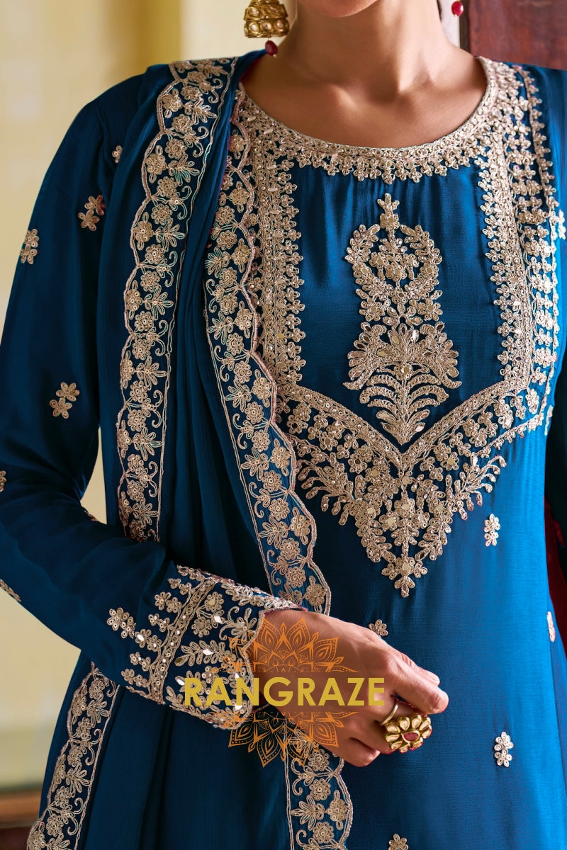 Royal Blue Designer Embroidered Pure Chinon Suit Set