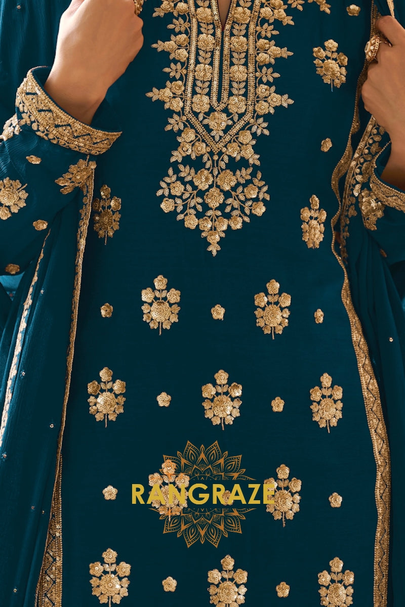 Teal Premium Chinon Designer Suit Set