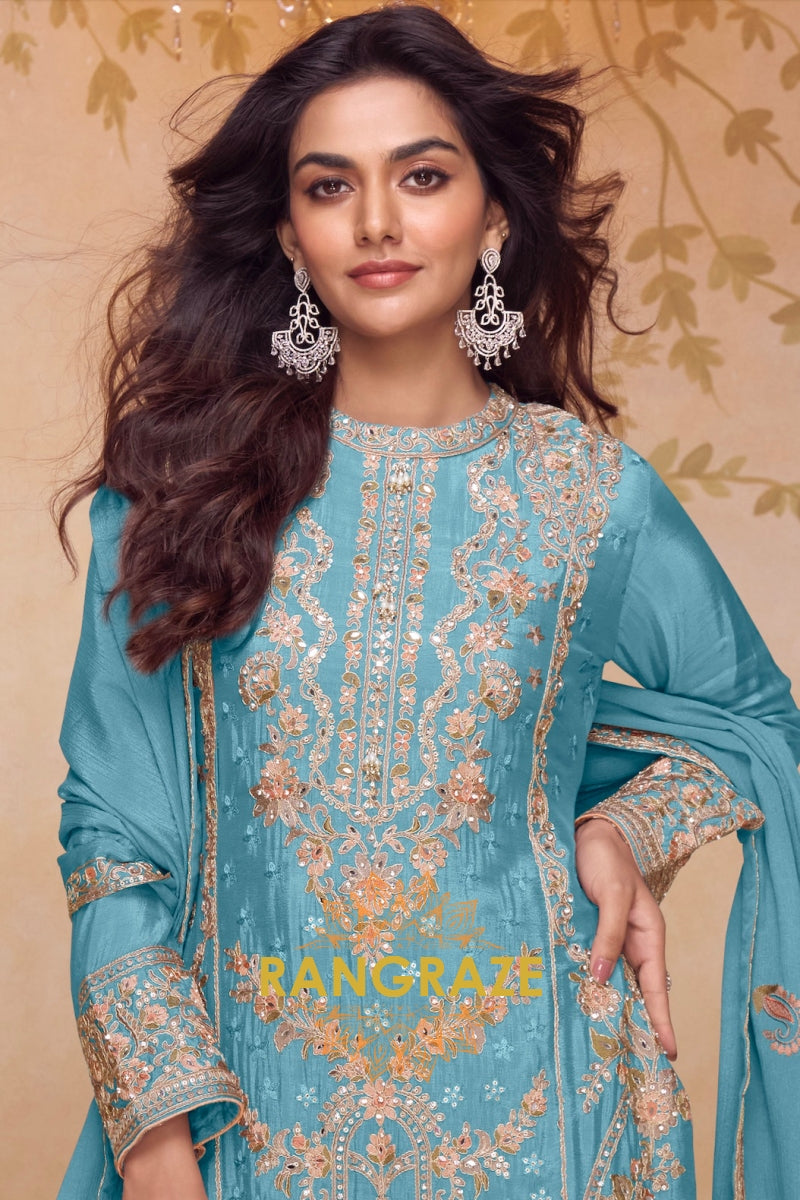 Aqua Blue Premium Chinon Designer Suit Set