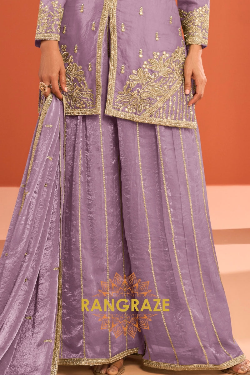Lilac Silk Designer Embroidered Suit Set