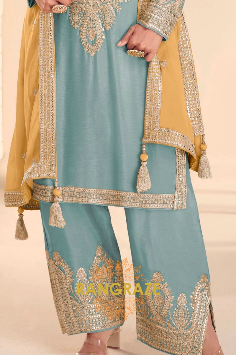 Powder Blue Premium Chinon Designer Suit Set