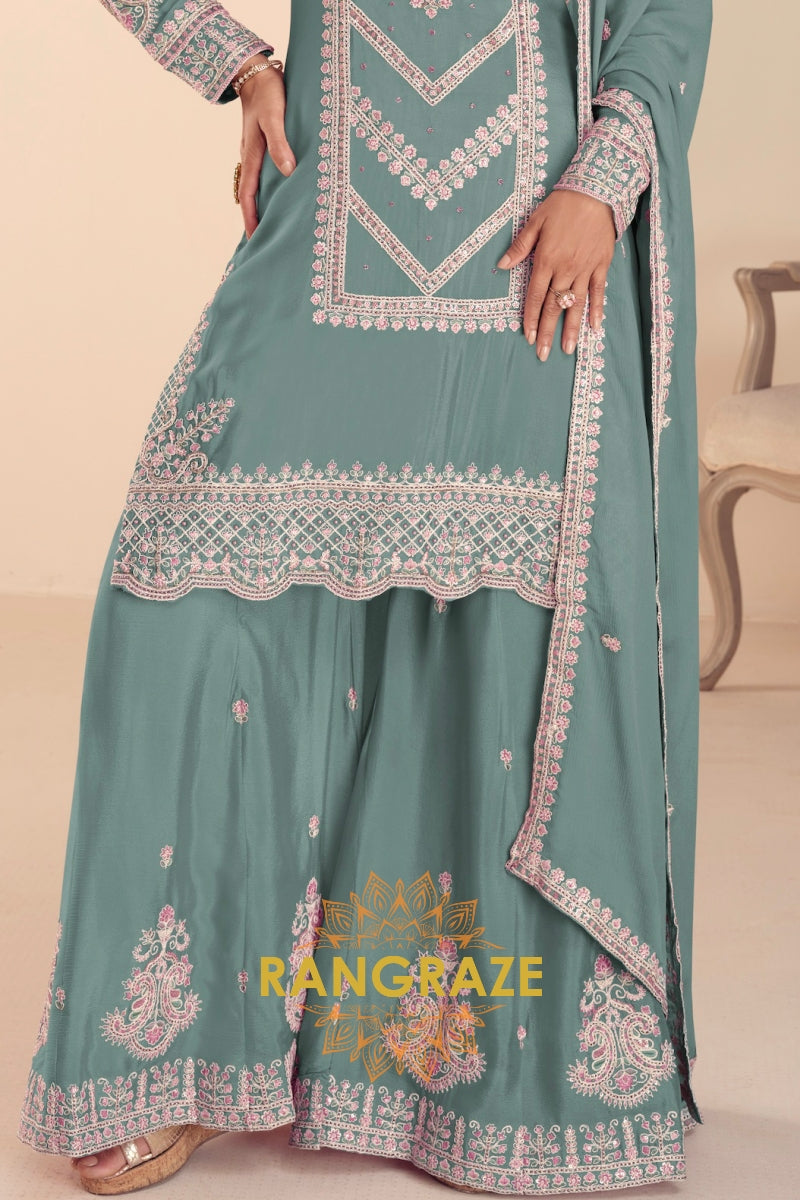 Sea Green Premium Chinon Designer Suit Set