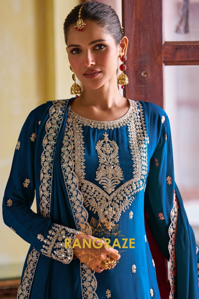 Royal Blue Designer Embroidered Pure Chinon Suit Set