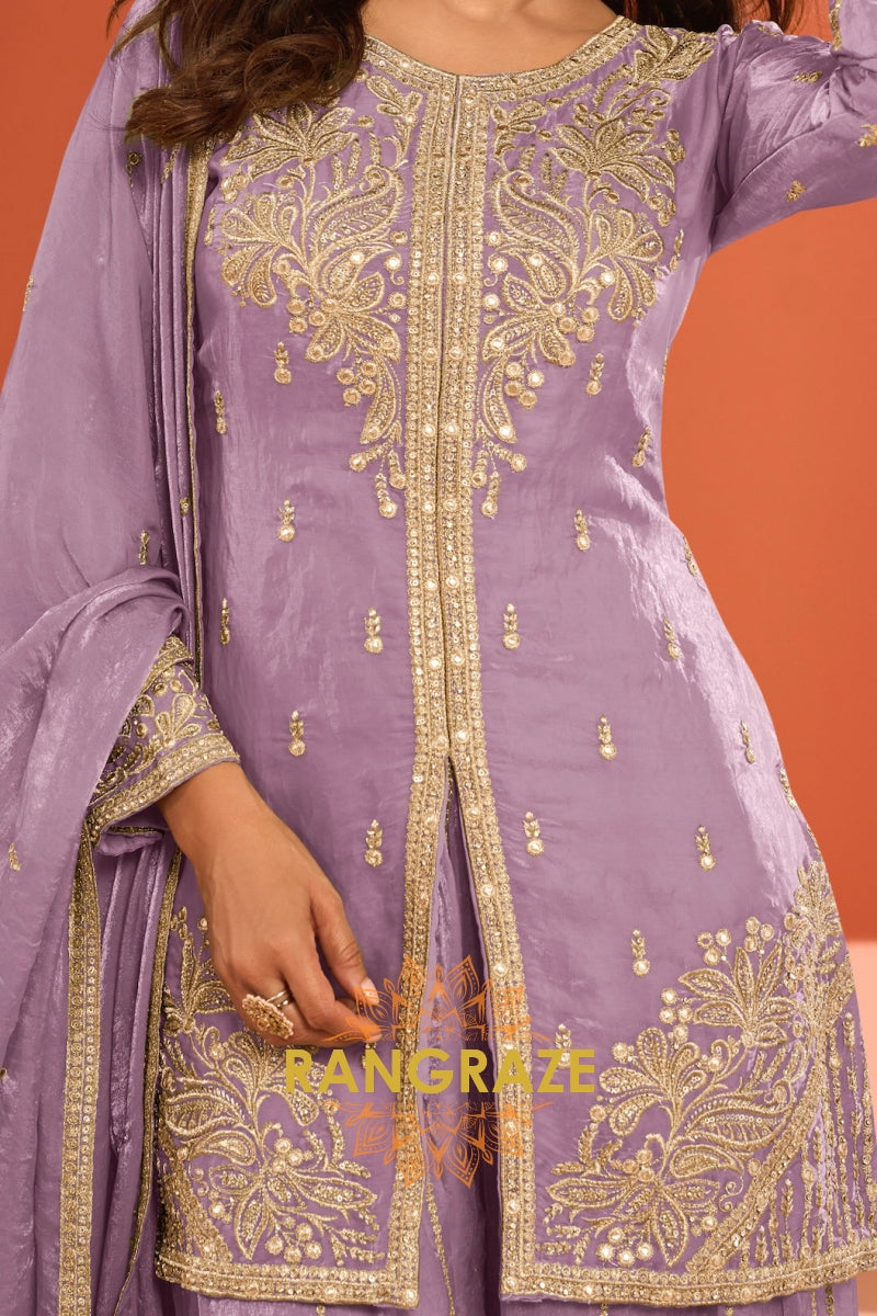 Lilac Silk Designer Embroidered Suit Set