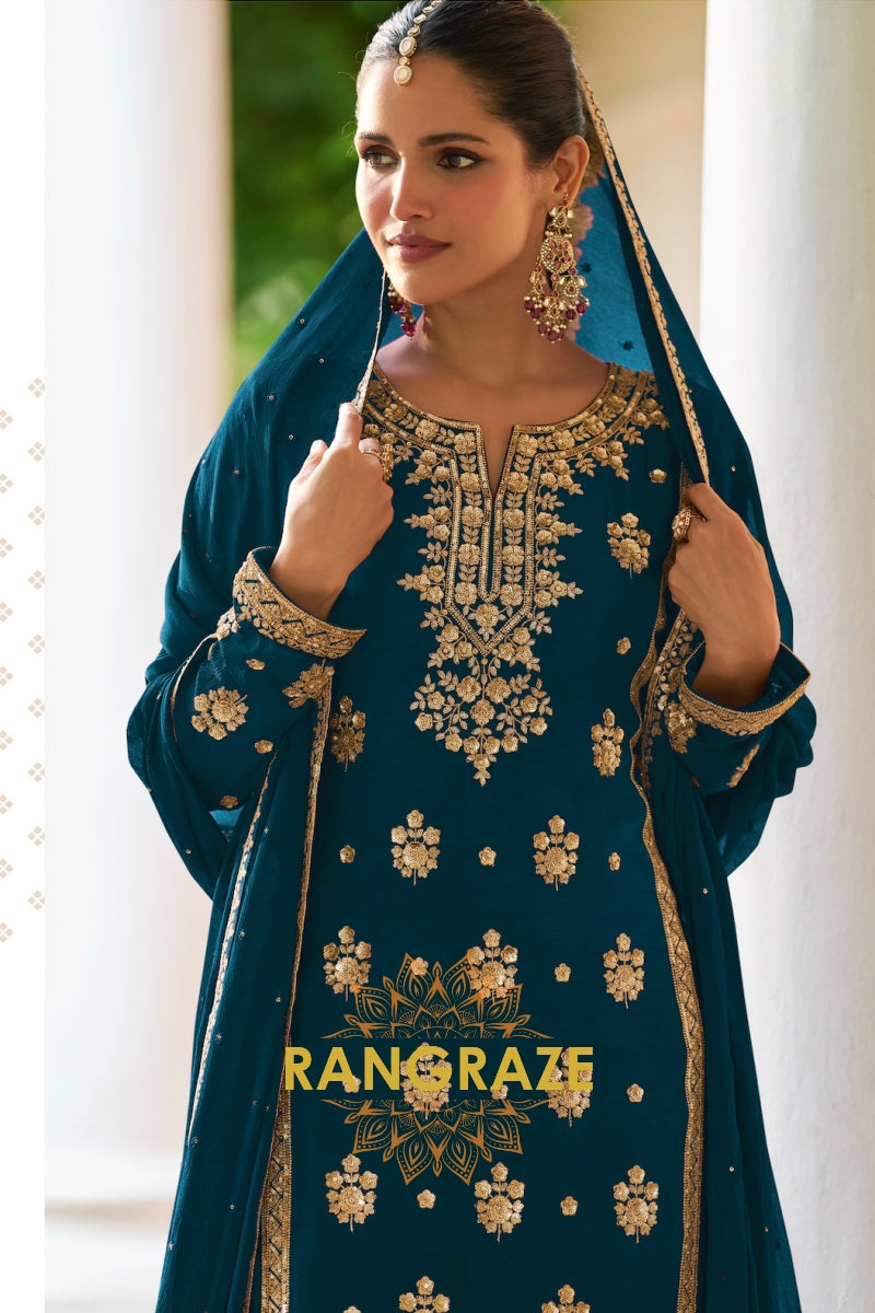 Teal Premium Chinon Designer Suit Set