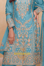 Aqua Blue Premium Chinon Designer Suit Set