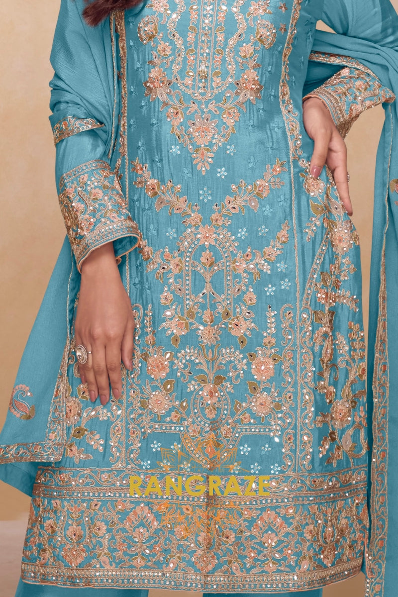 Aqua Blue Premium Chinon Designer Suit Set