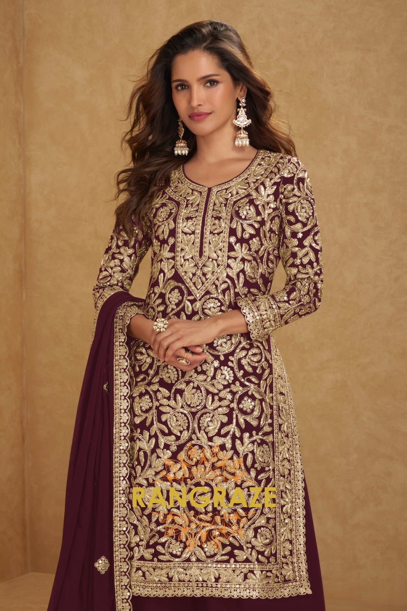 Maroon Premium Georgette Designer Suit Set