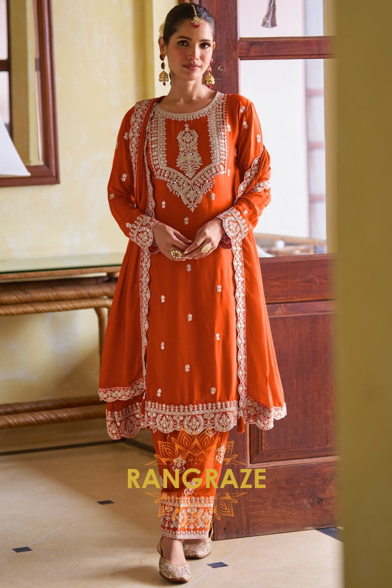 Orange Pure Chinon Embroidered Suit Set