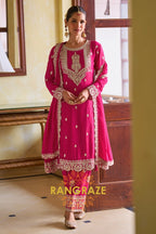 Rani Pink Designer Embroidered Pure Chinon Suit Set