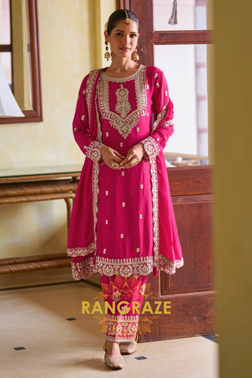 Rani Pink Designer Embroidered Pure Chinon Suit Set