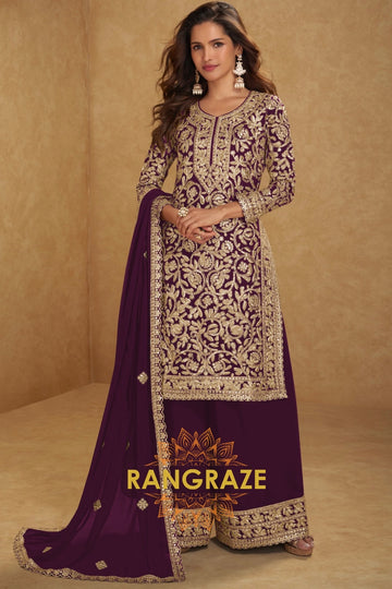 Plum Premium Georgette Designer Suit Set
