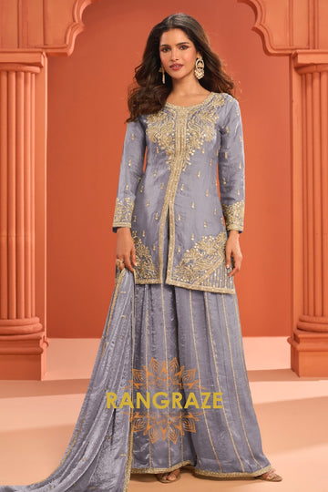 Grey Silk Designer Embroidered Suit Set