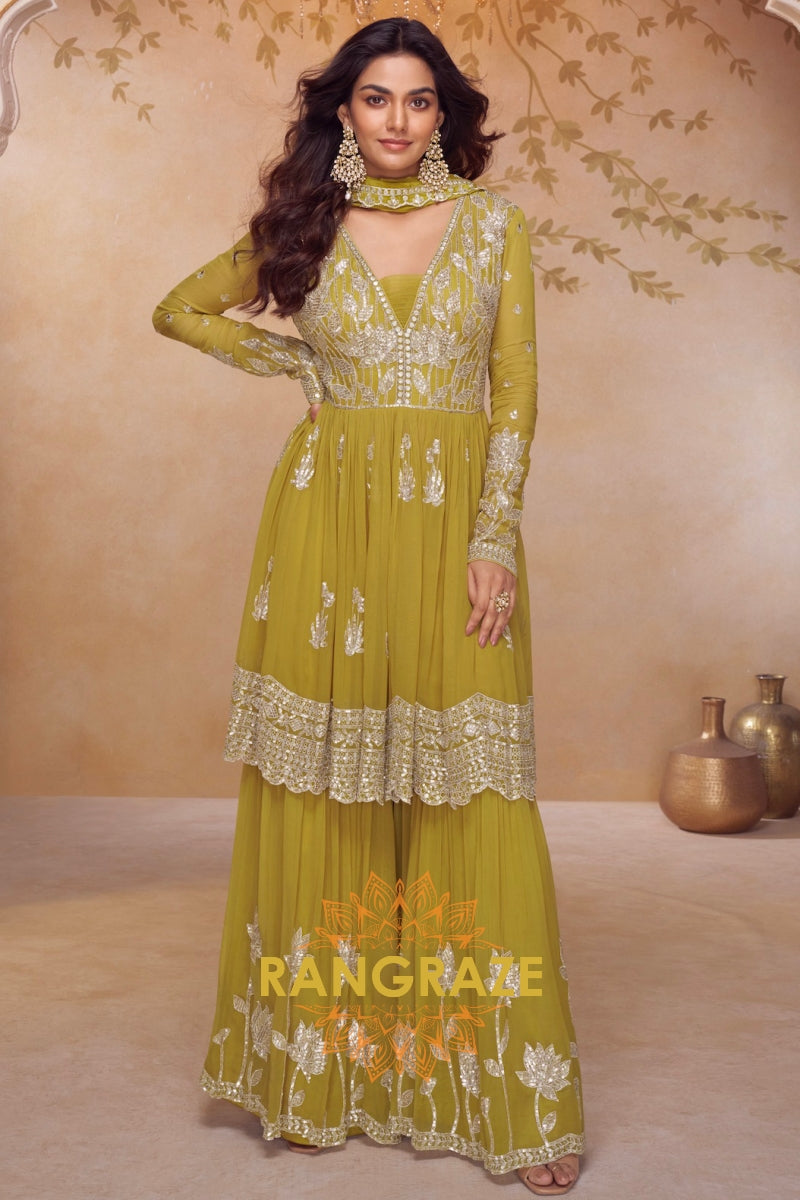 Olive Green Premium Chinon Designer Anarkali Suit Set