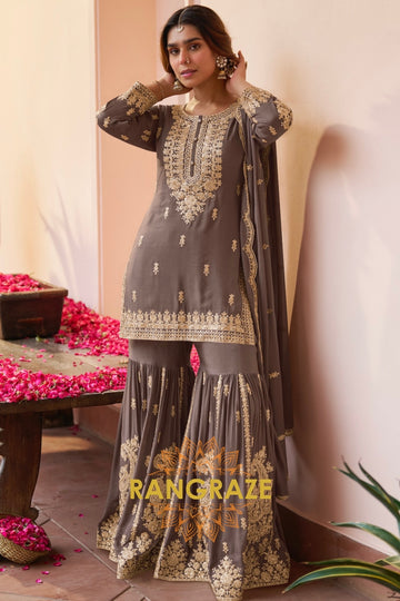 Taupe Premium Chinon Designer Embroidered Suit Set