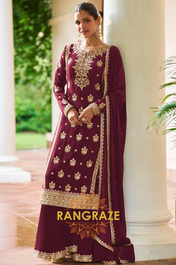 Maroon Premium Chinon Designer Suit Set