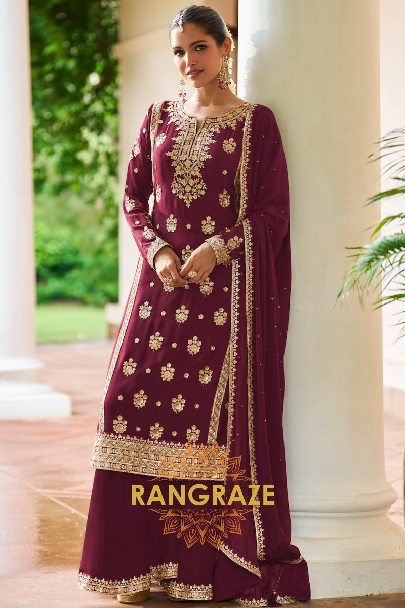 Maroon Premium Chinon Designer Suit Set