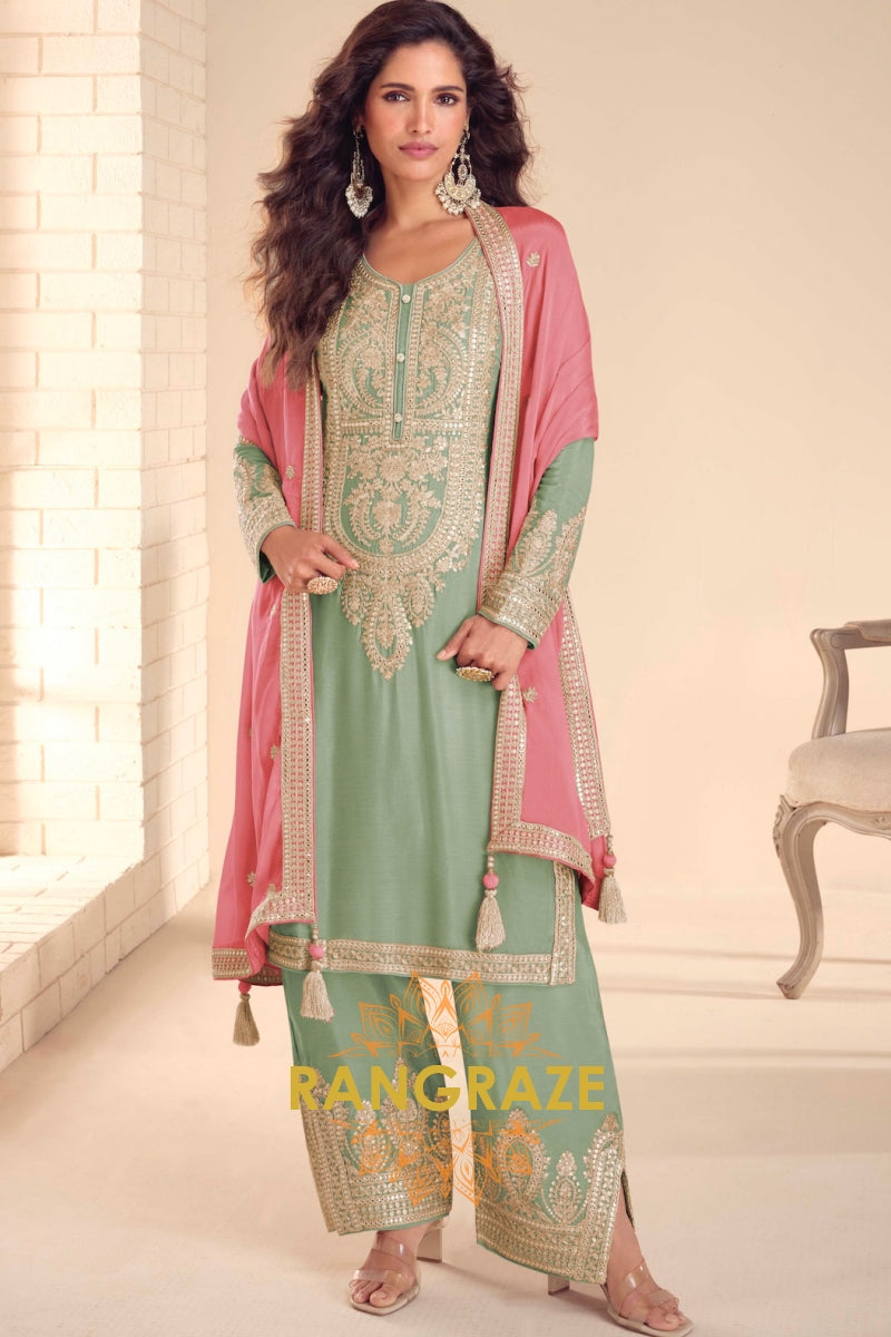 Pastel Green Premium Chinon Designer Suit Set
