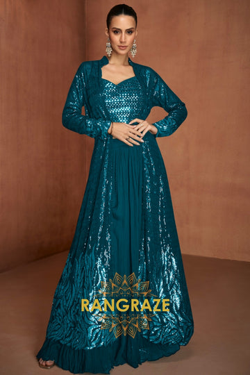 Teal Premium Chinon Designer Anarkali Suit Set