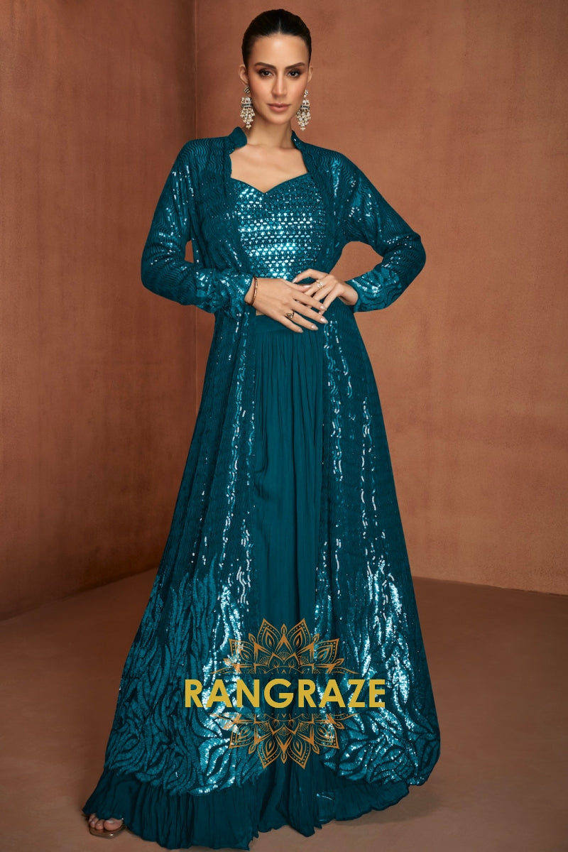 Teal Premium Chinon Designer Anarkali Suit Set