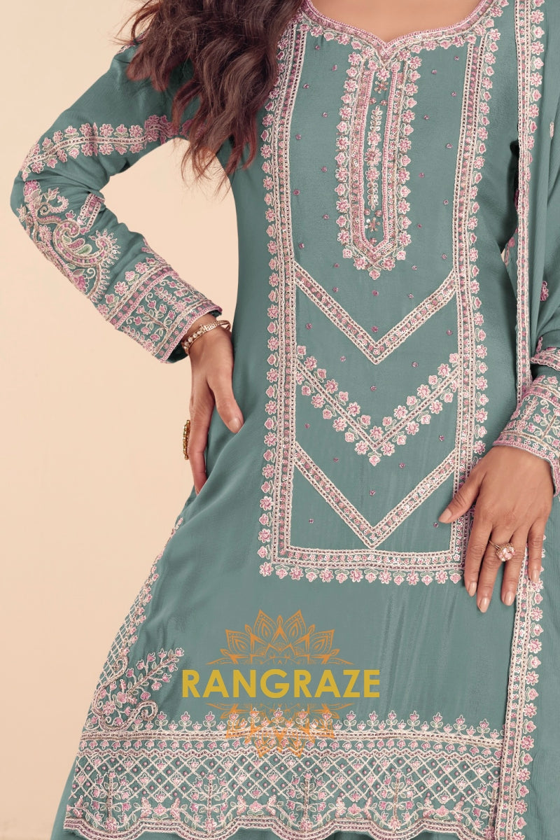 Sea Green Premium Chinon Designer Suit Set