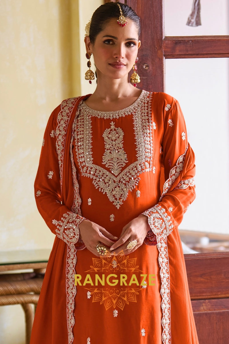 Orange Pure Chinon Embroidered Suit Set