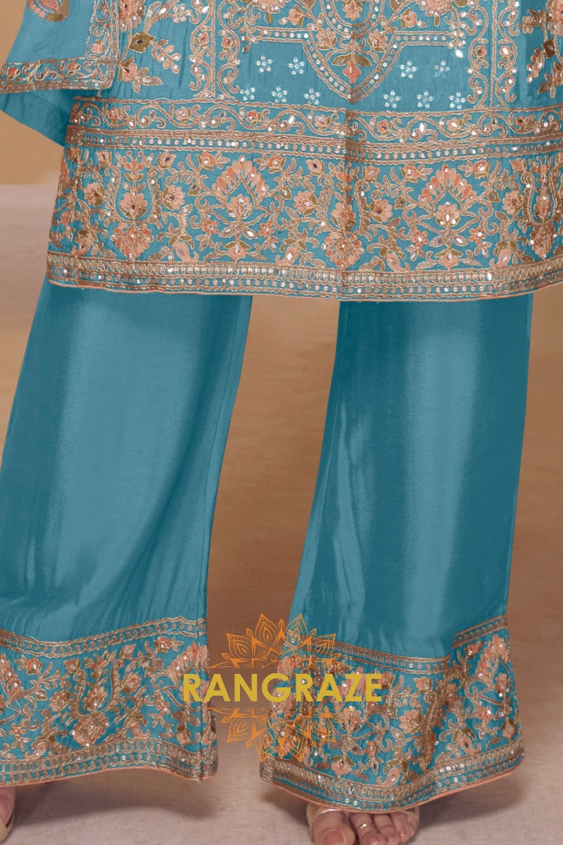 Aqua Blue Premium Chinon Designer Suit Set
