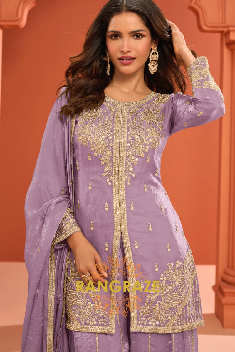 Lilac Silk Designer Embroidered Suit Set