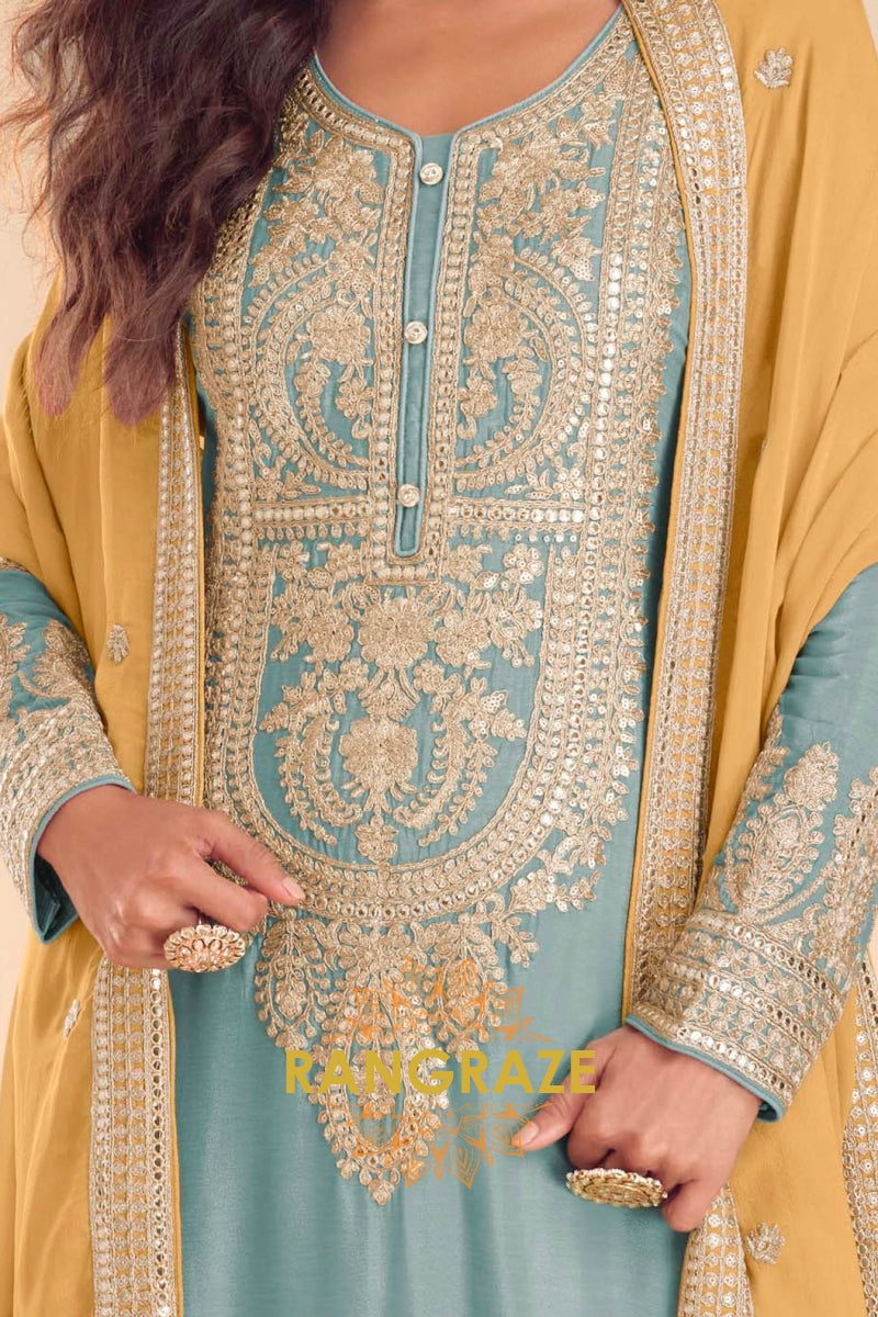 Powder Blue Premium Chinon Designer Suit Set