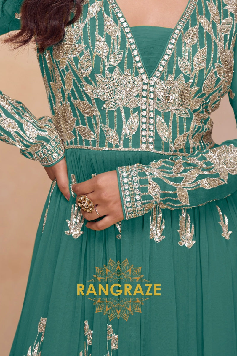 Emerald Green Premium Chinon Designer Anarkali Suit Set
