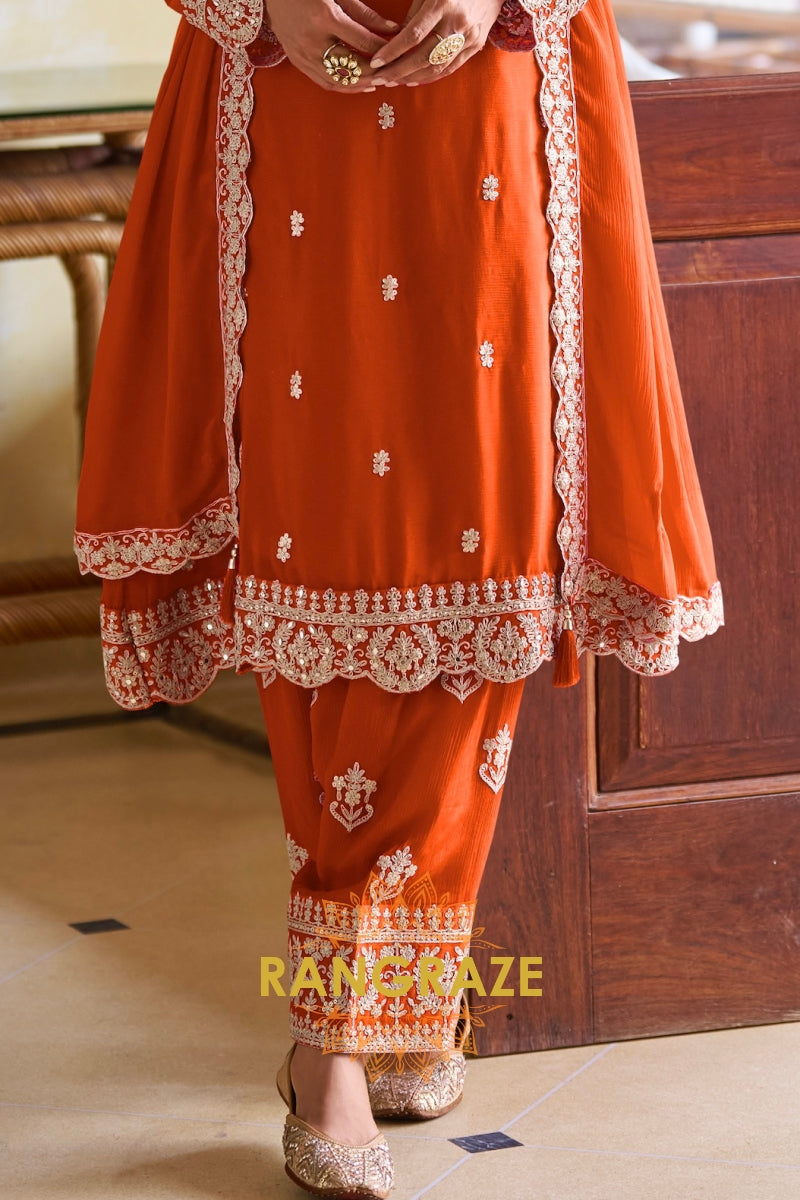 Orange Pure Chinon Embroidered Suit Set