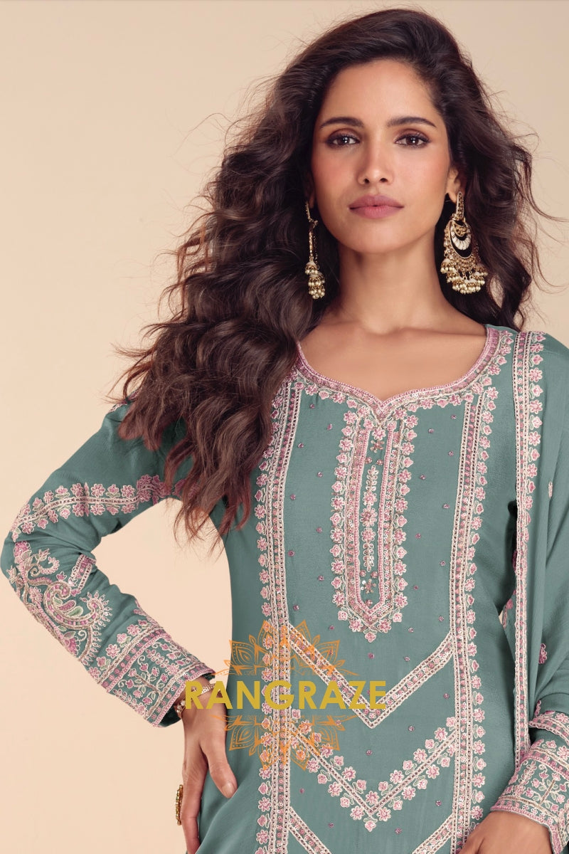 Sea Green Premium Chinon Designer Suit Set