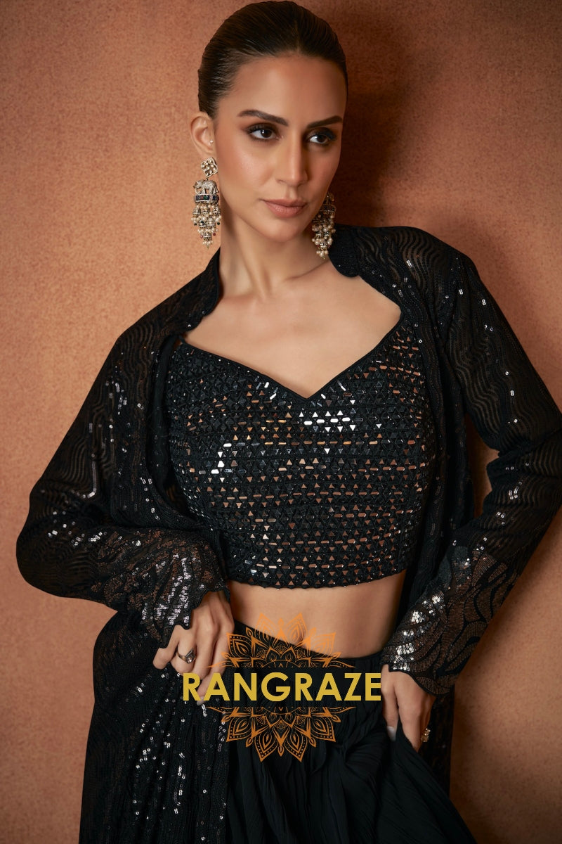 Black Premium Chinon Designer Anarkali Suit Set