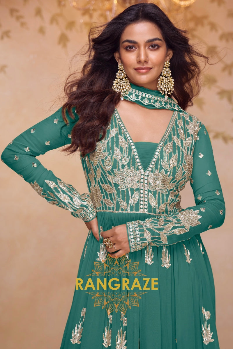 Emerald Green Premium Chinon Designer Anarkali Suit Set