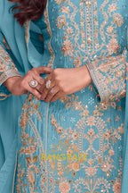 Aqua Blue Premium Chinon Designer Suit Set