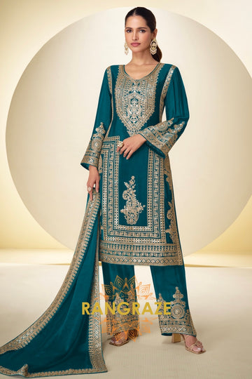 Teal Premium Chinon Designer Suit Set