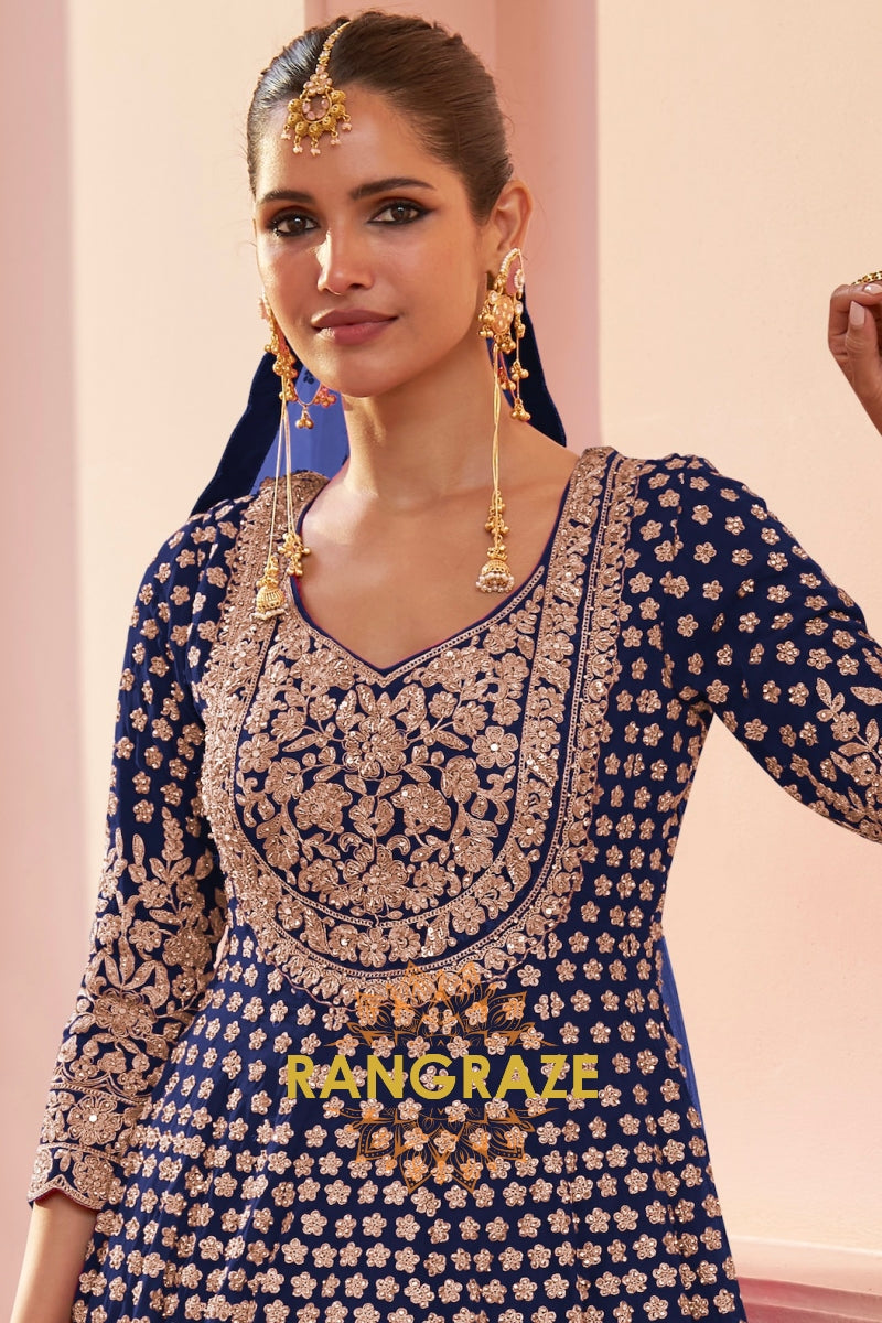 Royal Blue Premium Georgette Designer Anarkali Lehenga Suit Set