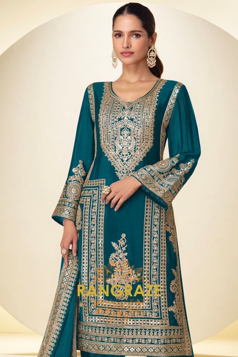 Teal Premium Chinon Designer Suit Set