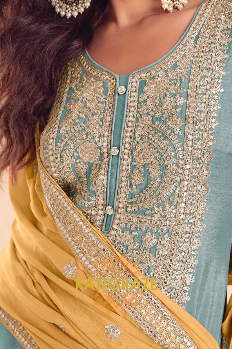 Powder Blue Premium Chinon Designer Suit Set