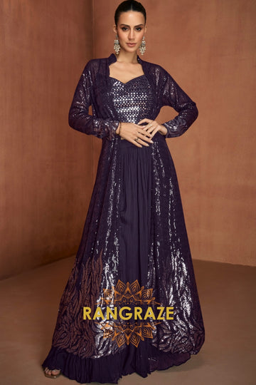 Deep Purple Premium Chinon Designer Anarkali Suit Set