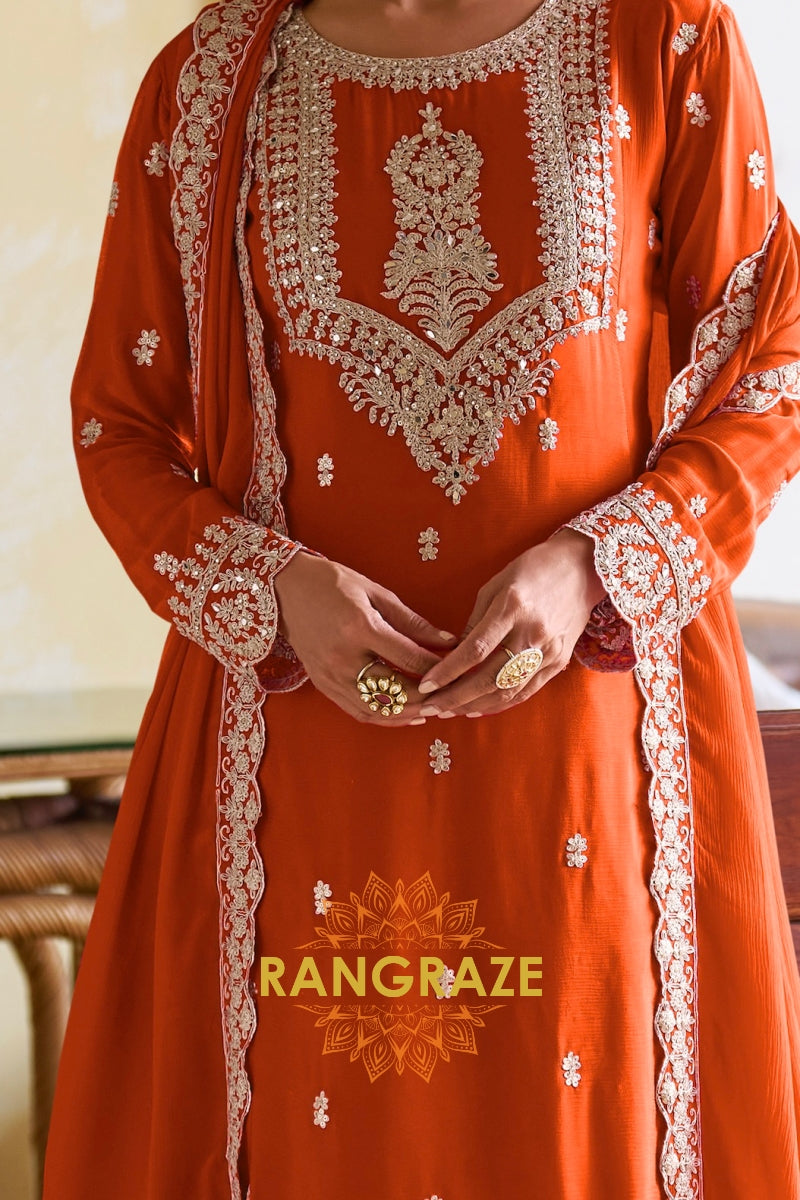 Orange Pure Chinon Embroidered Suit Set