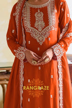 Orange Pure Chinon Embroidered Suit Set