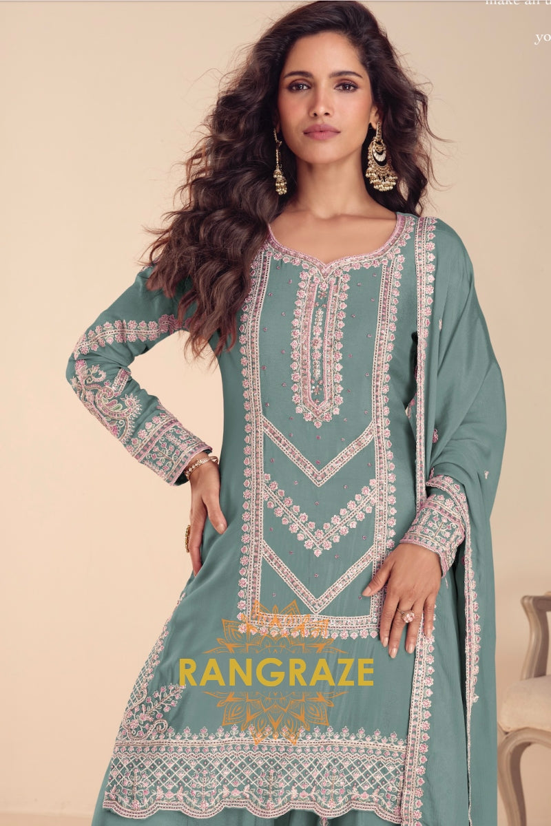 Sea Green Premium Chinon Designer Suit Set