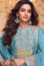 Aqua Blue Premium Chinon Designer Suit Set