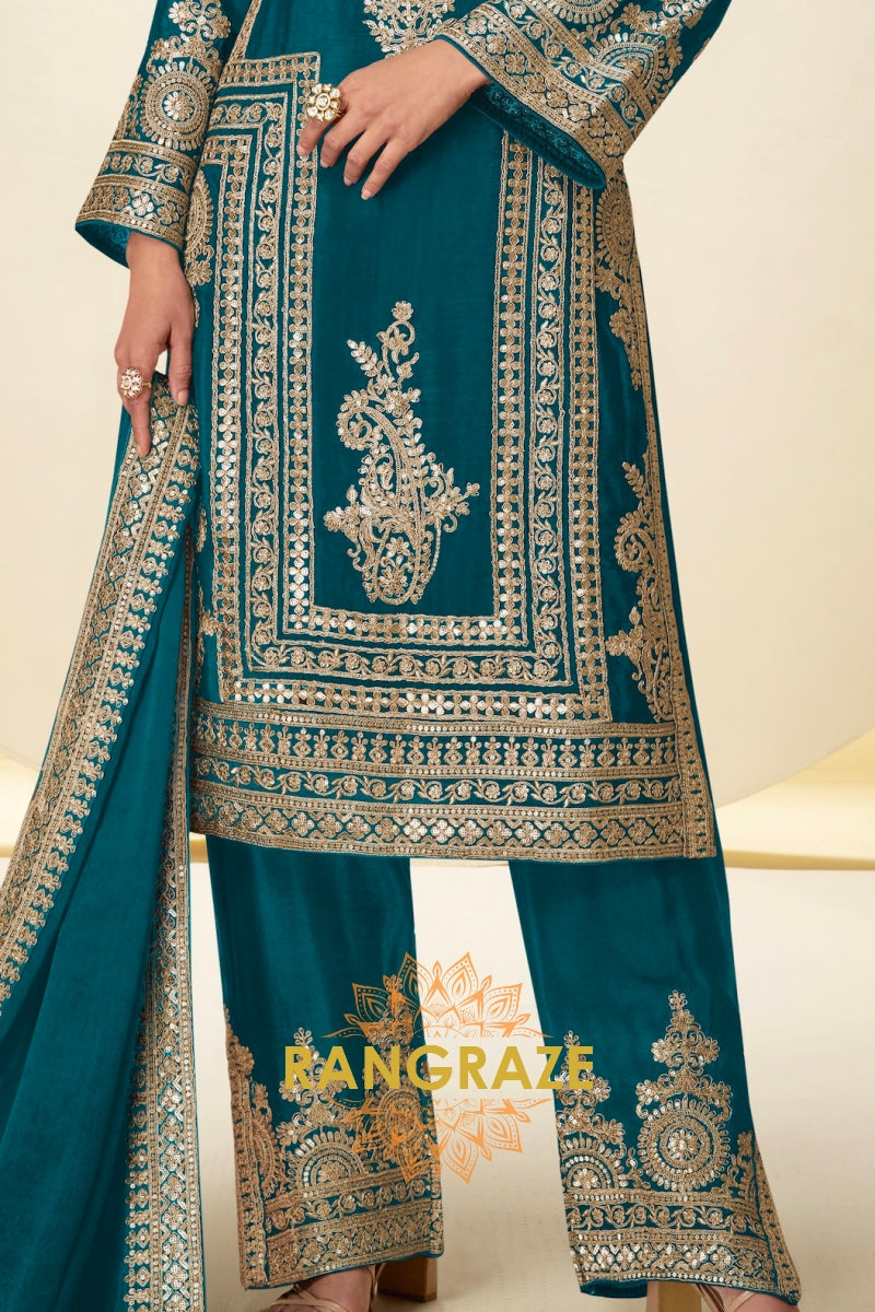 Teal Premium Chinon Designer Suit Set